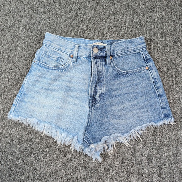 PacSun Two Tone Colorblock Denim Shorts 24 Blue High Rise Raw Hem Button Fly — photo 2